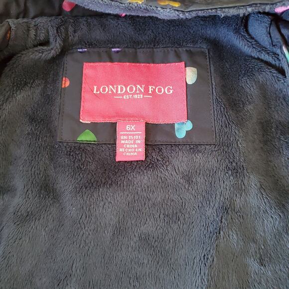 London Fog Girls 6X Rainbow Heart Hooded Rain Coat Jacket Fleece Lined Navy - Picture 3 of 9